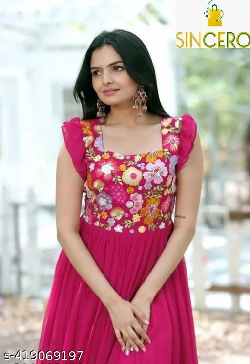 Floral embroidered Georgette anarkali gown, short sleeves, Indian wedding dress for women