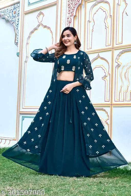 Green Georgette Bollywood-themed Kurta & Jacket Set, modern designer prints, three-quarter sleeves, round neck, elasticated waistband, trendy, stylish, special occasions, India