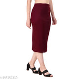 Maroon cotton ribbed pencil skirt with elastic waistband, side slit and mid-rise, perfect for parties and casual wear