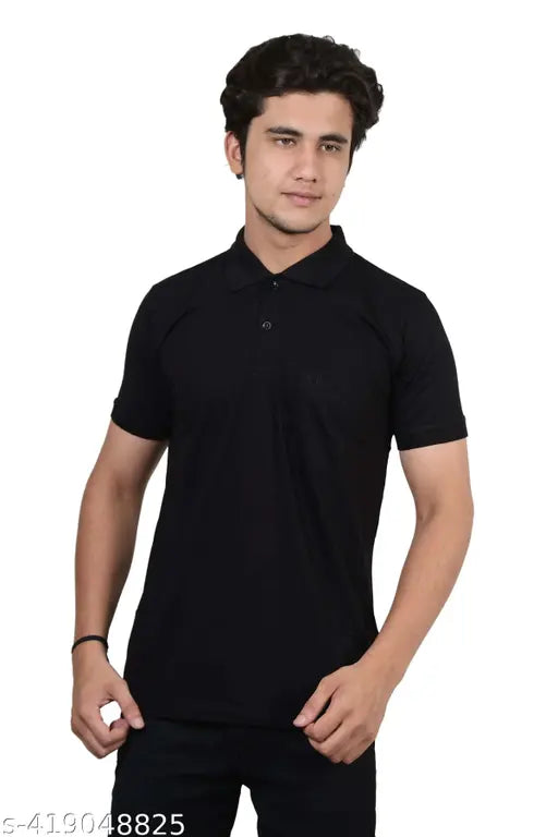 Black viscose rayon polo shirt, men's regular fit, half sleeve, black collared t-shirt - Indian cotton blend polo for casual and semi-formal events
