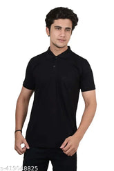 Black viscose rayon polo shirt, men's solid black polo neck, cotton blend half sleeve casual tee. Classic black hue, premium fabric for comfortable semi-formal wear. Made in India