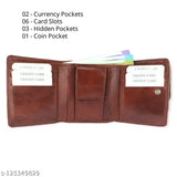 Tan leather trifold men's wallet by Paijash, features 6 card slots & 5 compartments, solid pattern, free size (11cm x 10cm), made in India
