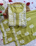 Mehndi Chikankari Rayon Kurta Set with Palazzos, printed net design, three-quarter sleeves, single set in M, L, XL, XXL, XXXL, and 4XL sizes. Handcrafted Indian rayon fabric