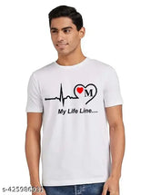 White polyester half-sleeve 'Life Line' t-shirt for men and boys with printed design, ideal for unisex wear