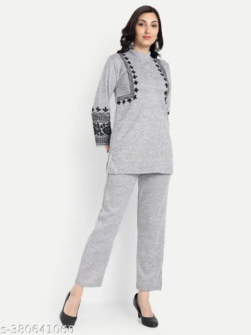 Light Grey Wool Embroidery Night Suit/Co-ord Set by Elendra - Indian winter sleepwear with long bell sleeves and ankle-length palazzos featuring red and multicolored embroidery on tunic and black stripes on pants