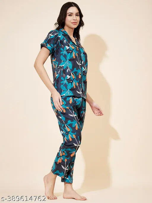 Teal cotton floral print night suit set for women, Indian-origin sleepwear with lapel collar and pockets, comfortable pyjamas