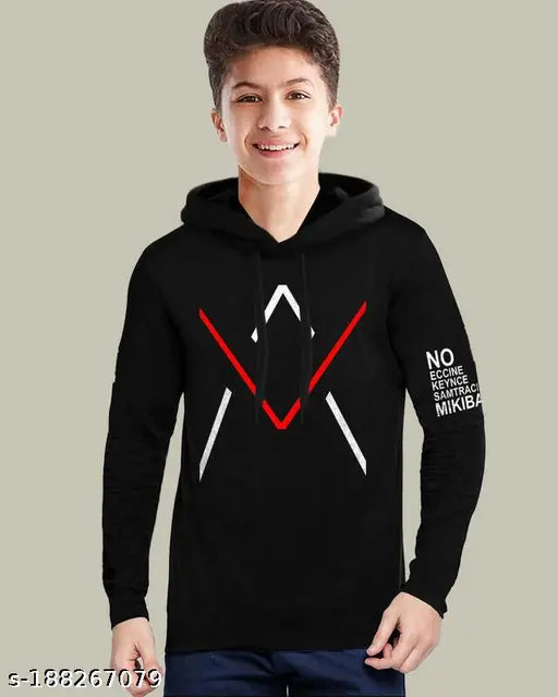 Stylish cotton blend hooded boys' t-shirt with printed net pattern, perfect for daily wear and winter wear