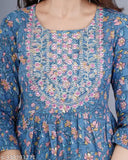 Rayon printed embroidered flared kurta, three-quarter sleeves, vibrant Indian women's fashion