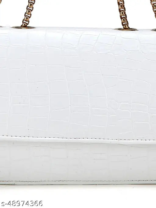 White faux leather slingbag, croc-textured, spacious compartment, Indian origin