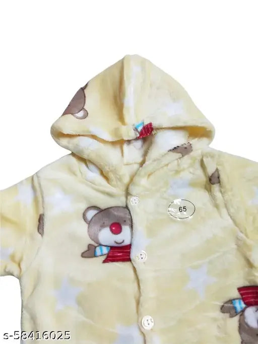 Soft acrylic wool Wonder Star baby romper dress with attached cap & socks, printed net pattern