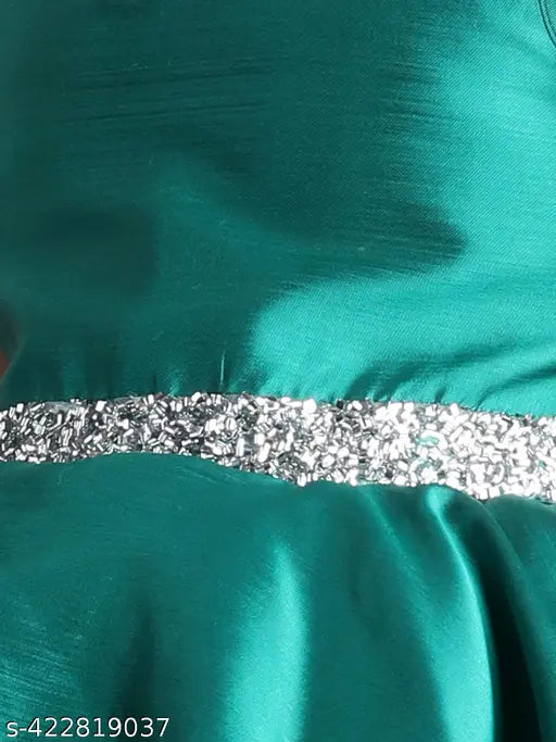 Green net party dress for girls, full-length with sleeveless design, vibrant teal blue color, size suitable for 1-2 years (bust: 22in, length: 29in)