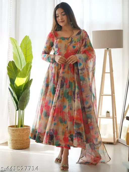 Stylish Bollywood-themed Red Organza Kurta Set and Art Silk Pant for Girls, modern designer prints, round neck, three-quarter sleeves, elasticated waistband. Perfect for special occasions. Indian origin