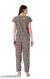 Printed cotton blend women's nightsuit set with elastic waistband and side pockets, leopard/tiger print, two-piece sleepwear for relaxed fit