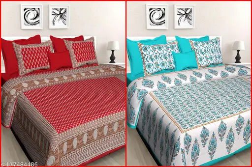 Double cotton bedsheets (7.5x6.5ft), ethnic motifs combo pack of 2+4, ideal for adult mild winter