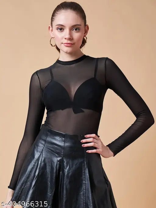 Nylon net mesh bodysuit, XS size with 32" bust, 25" length, and 26" waist. Indian made fashion clothing on model