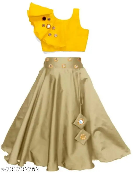 Orange-Chiku cotton blend lehenga choli with mirror work & sleeveless crop top, embellished by mirrors, 100% silk fabric, suitable for 2-14 years" "Orange-Blue cotton silk dupatta included, perfect for all occasions and ceremonies, handcrafted in India