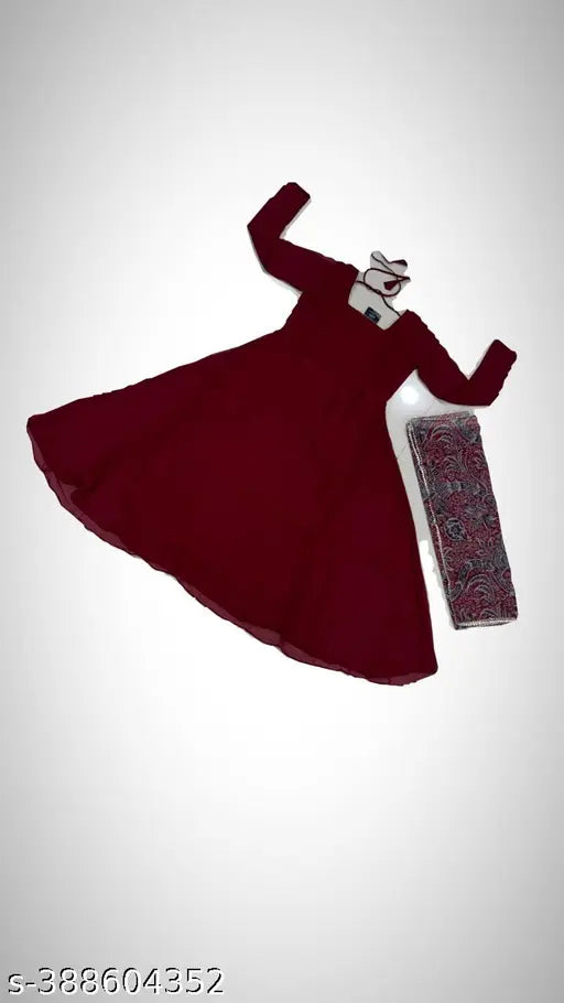 Maroon Georgette Anarkali Dress Set with Dupatta, flared fit, long sleeves, suitable for festive/party wear