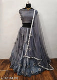 Gray net choli and lace-embroidered dupatta set, traditional Indian Lehenga for free size, length 44 inches