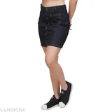 Denim mini skirt, dyed/washed with a woman's waist sizes ranging from 26-32 inches and a length size of 15 inches, made in India