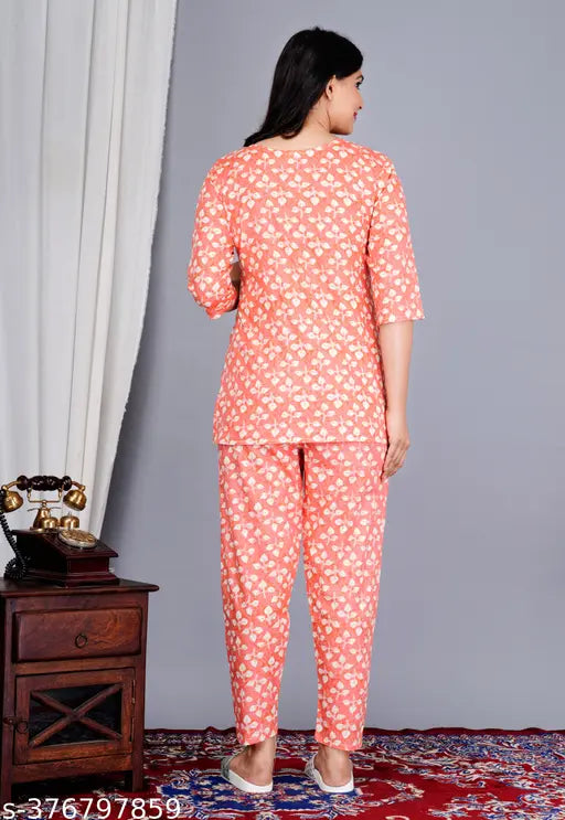 Women's cotton printed night suit top and pyjama set, floral all-over print, three-quarter sleeves, comfortable for lounging, quality by KIYA FASHION