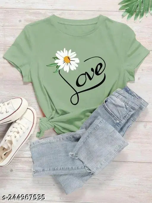 Mint green printed cotton blend half sleeve t-shirt for women and girls, trendy and comfortable for everyday wear