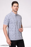 Light grey cotton blend polo t-shirt for men with geometric print, short sleeves and regular length collar. Made in India