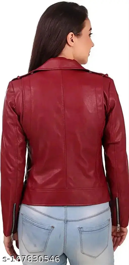 Cherry faux leather jacket for women, solid color and long sleeves