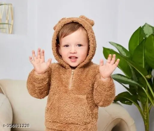 Cotton blend kids' teddy hoodie jacket, warm snow coat for boys and girls. Solid design in soft fur-like material with hoodie, ideal for winter outwear