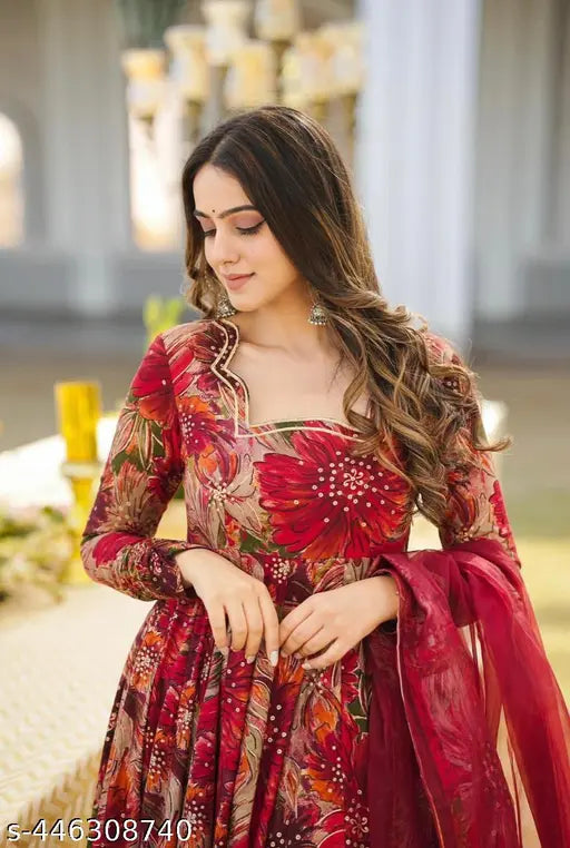 Georgette flower print Anarkali kurti with dupatta, long sleeves, vibrant colors and intricate patterns - modern Indian evening wear for women and girls