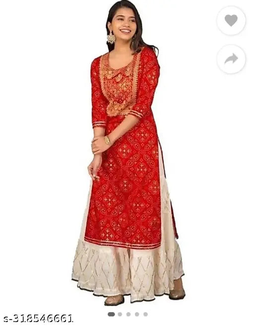 Rayon embroidered Bandhani printed women's kurta set with matching sharara bottom, attractive and classic design on display