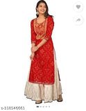 Rayon embroidered Bandhani printed women's kurta set with matching sharara bottom, attractive and classic design on display