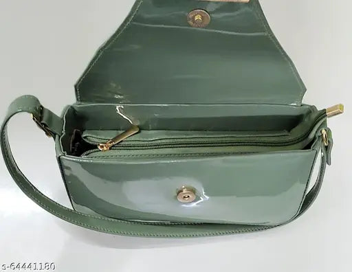 Green synthetic slingbag, lightweight with 1 short shoulder strap, smooth touch and shiny box pattern, perfect for everyday essentials