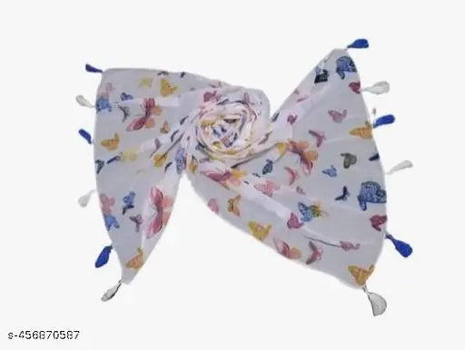 Fancy floral print chiffon scarves, premium quality with pearls & tassels (MultiCol Bfly/BluepinkF), perfect for women's fashion - Pack of 2