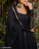 Black Georgette long sleeve round neck Anarkali kurti with dupatta, ideal for parties and festivals. One piece maxi dress for women, featuring a midi length and front open collar. Made in India