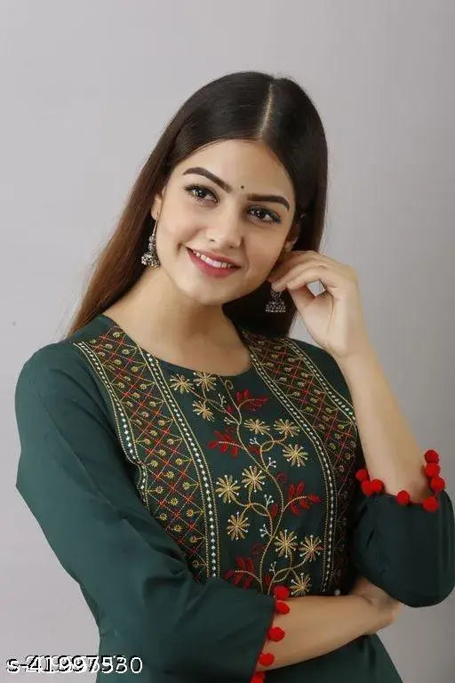 Stylish rayon embroidered gown, three-quarter sleeves, M (38in bust, 50in length), L (40in bust, 50in length), XXL (44in bust, 50in length) - Indian partywear fashion with tassel embellishment