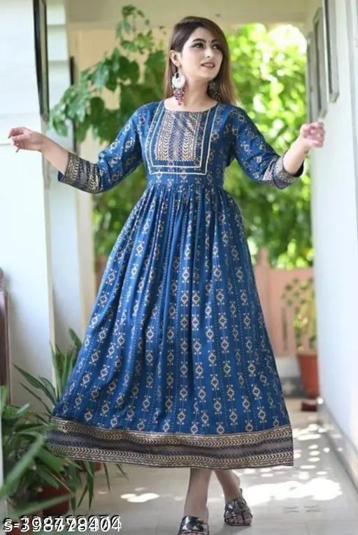 T-Blue rayon blouse with three-quarter sleeves, printed combo design, S-XXXL sizes