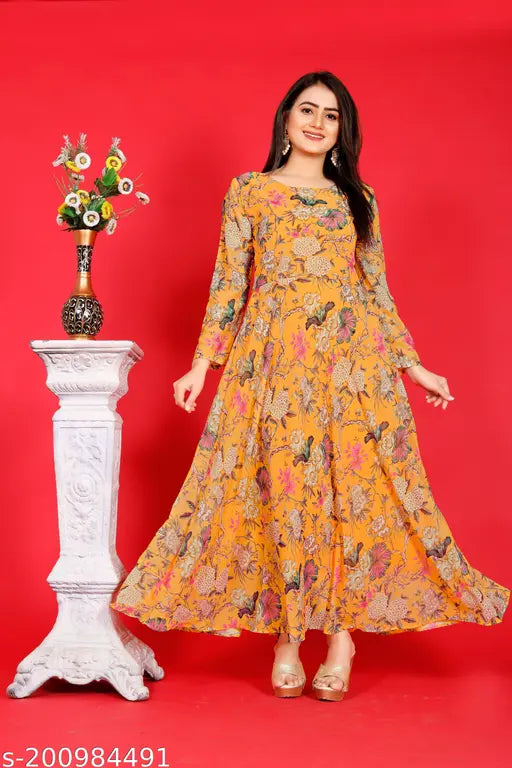 Digital Printed Georgette Gown-Long Kurti, designer one piece with three-quarter sleeves and round neck, slight color variations due to camera reflection