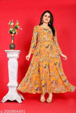 Digital Printed Georgette Gown-Long Kurti, designer one piece with three-quarter sleeves and round neck, slight color variations due to camera reflection