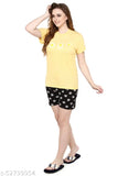Yellow and black buttercup round neck flower print women's cotton shorts set, all-over-print pyjama night suit