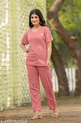 Peach and marun color polycotton nightdress for women & girls, soft material, short sleeves