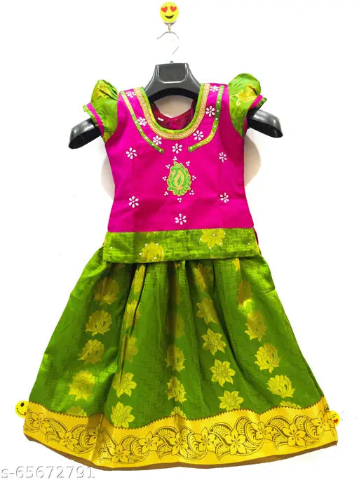 Traditional kids art silk pattu pavadai & lehenga cholis, semi-silk jacquard top and zari art silk bottom, Indian craftsmanship