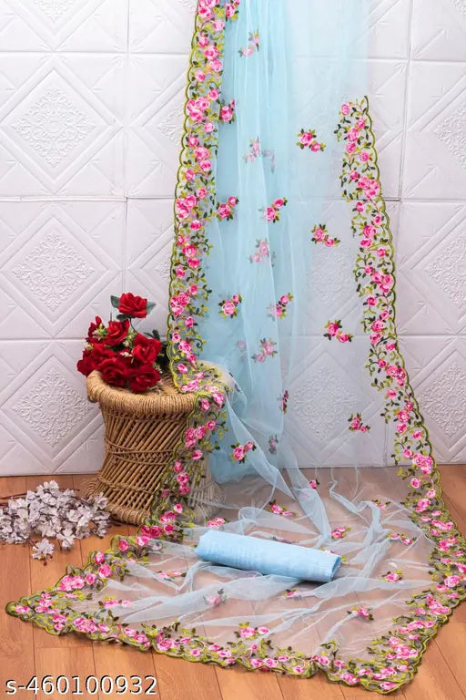 Fashionable net saree with dupion silk blouse, embroidered and vibrant, Indian party wear