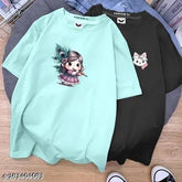 Women's oversize printed combo t-shirt, cotton, short sleeves, colorful design on display stand