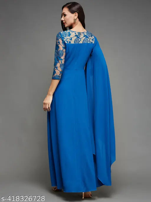 Royal blue georgette maxi dress with asymmetric embellishments, short sleeves on female model