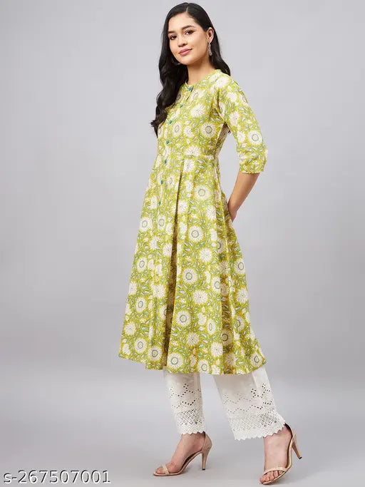 WineRed Women's Cotton A-Line Front Slit Kurta with Yellow Floral Print, three-quarter sleeves, S-XL sizes, Indian ethnic dress for casual wear