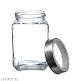 Transparent glass jar set (8pcs), ideal for kitchen storage of dry fruits, masala, pickles, or grains. Silver see-through lids ensure airtight seal