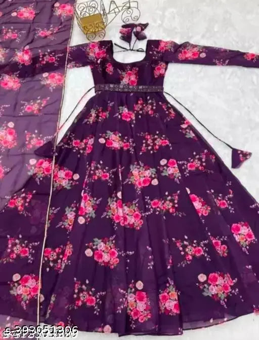 Flower print georgette long gown with dupatta and belt, no bottomwear for women's formal wear