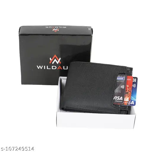 Black textured leather men's travel wallet with 7 card slots, featuring bi-fold design, hidden pockets, ID window, and zipper coin pocket. Ideal for formal events or casual parties during travel. Perfect gift accessory for men. Made in India