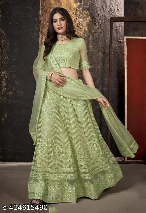 Soft net embellished lehenga-choli-dupatta set for women, free size, under budget