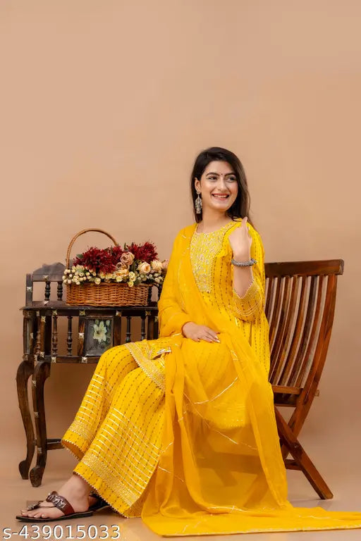 Rayon yellow embroidered Anarkali with dupatta and sharara set, festive collection